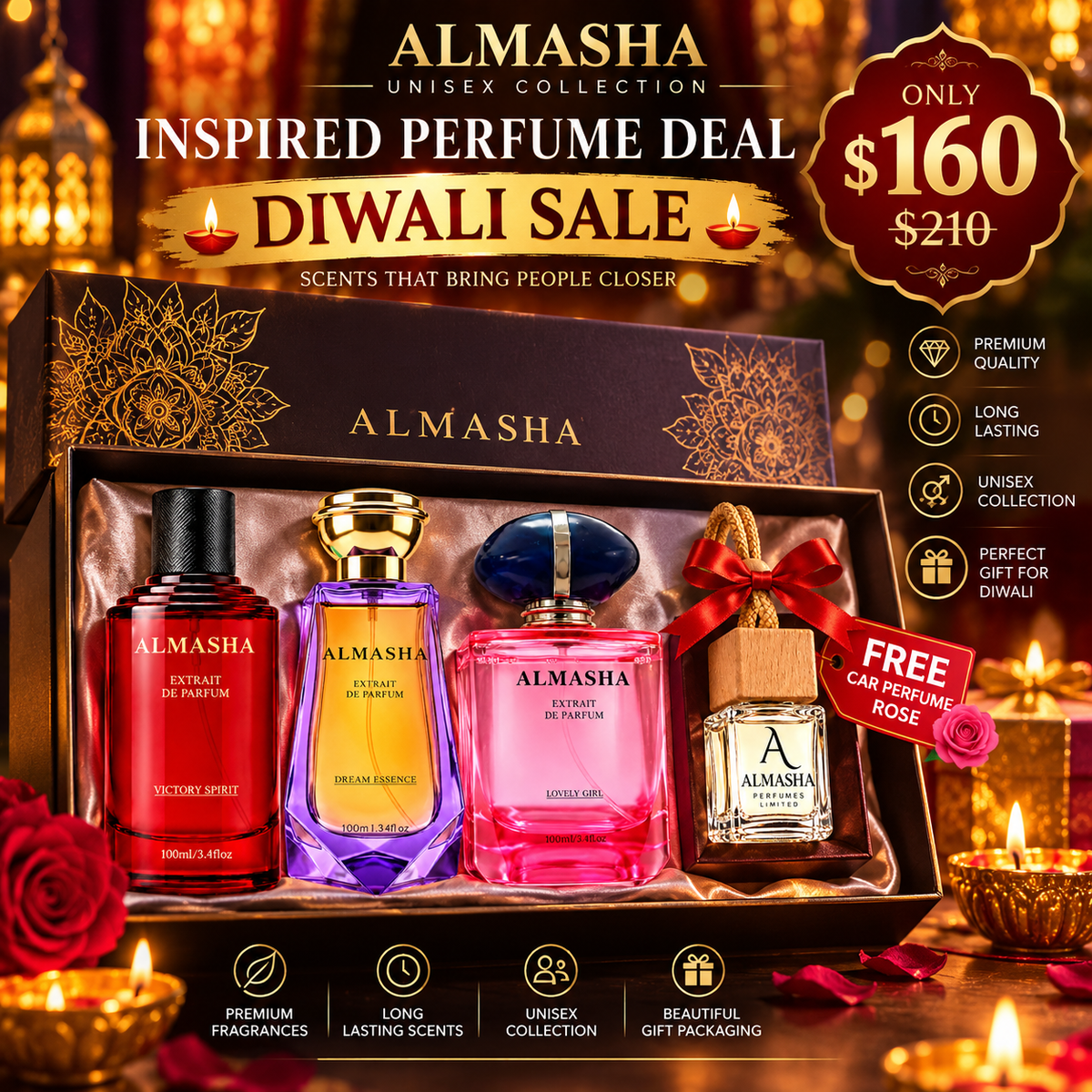 DIWALI SALE OFFER: 3 × 50ml Inspired Perfumes (Victory Spirit + Dream Essence + Lovely Girl) + FREE Rose Car Perfume | Only $160 CAD (Regular Price $210 — Save $50!)