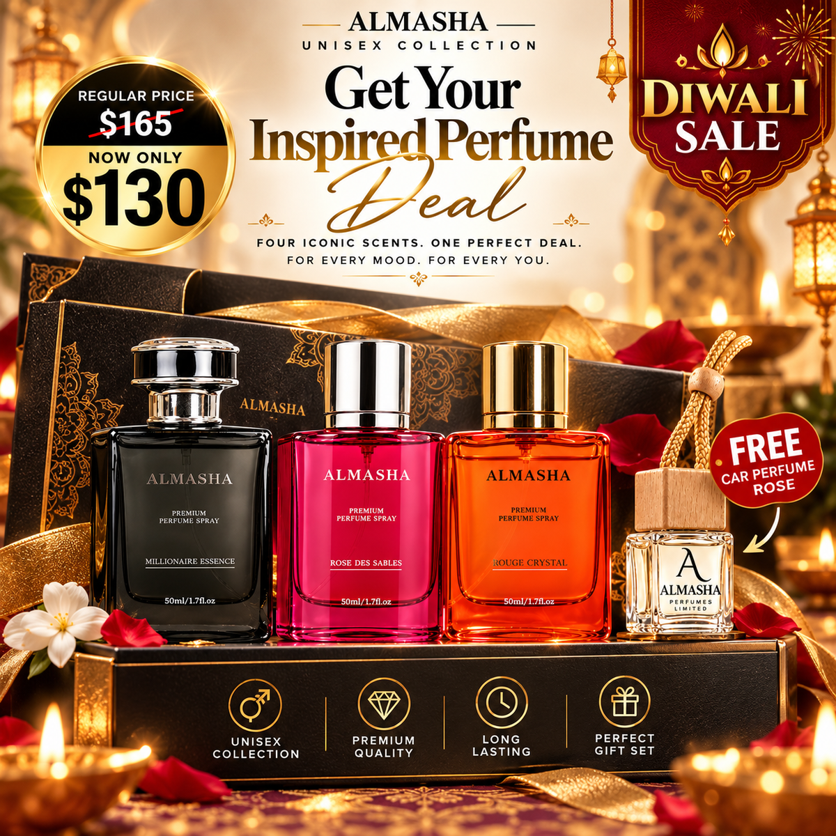 Diwali Sale: 3 × 50ml Perfumes (Millionaire Essence + Rose des Sables + Rouge Crystal) + FREE Rose Car Perfume | Only $130 CAD (Regular Price $165 — Save $35!)