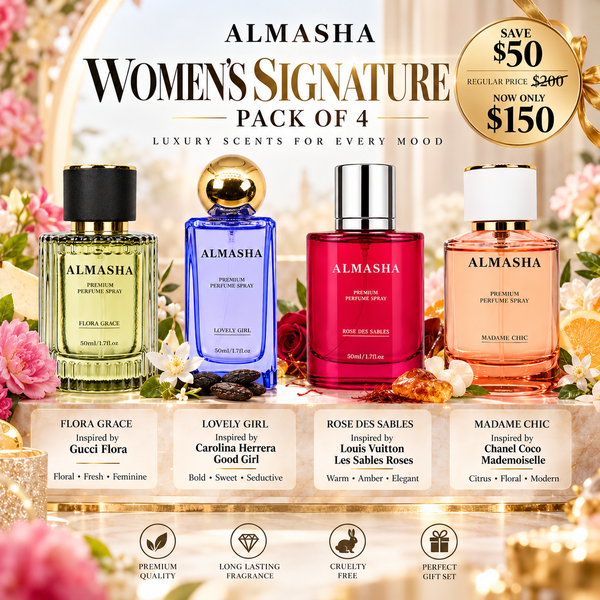 Women’s Signature Pack of 4 – Inspired by Gucci Flora, Good Girl, Les Sables Roses & Coco Mademoiselle | 50ml Each