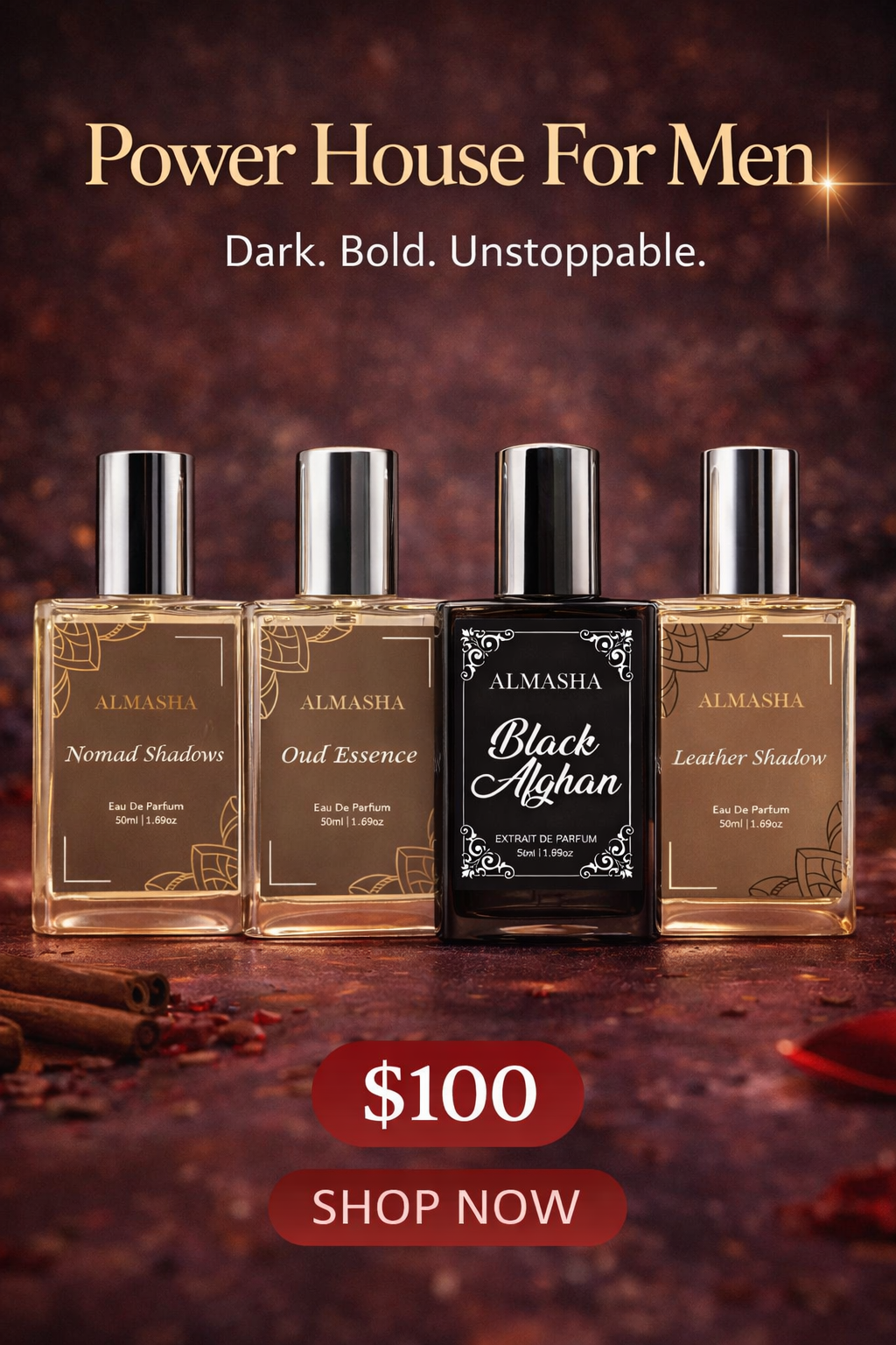 Power House For Men – 4 Premium Extrait de Parfum 50ml Set | Nomad Shadow, Oud Essence, Black Afghan, Leather Shadow | Almasha