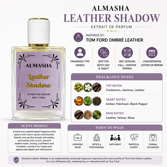 Almasha Leather Shadow Inspired by Tom Ford Ombre Leather – Extrait de Parfum 50ML | Unisex Luxury Fragrance