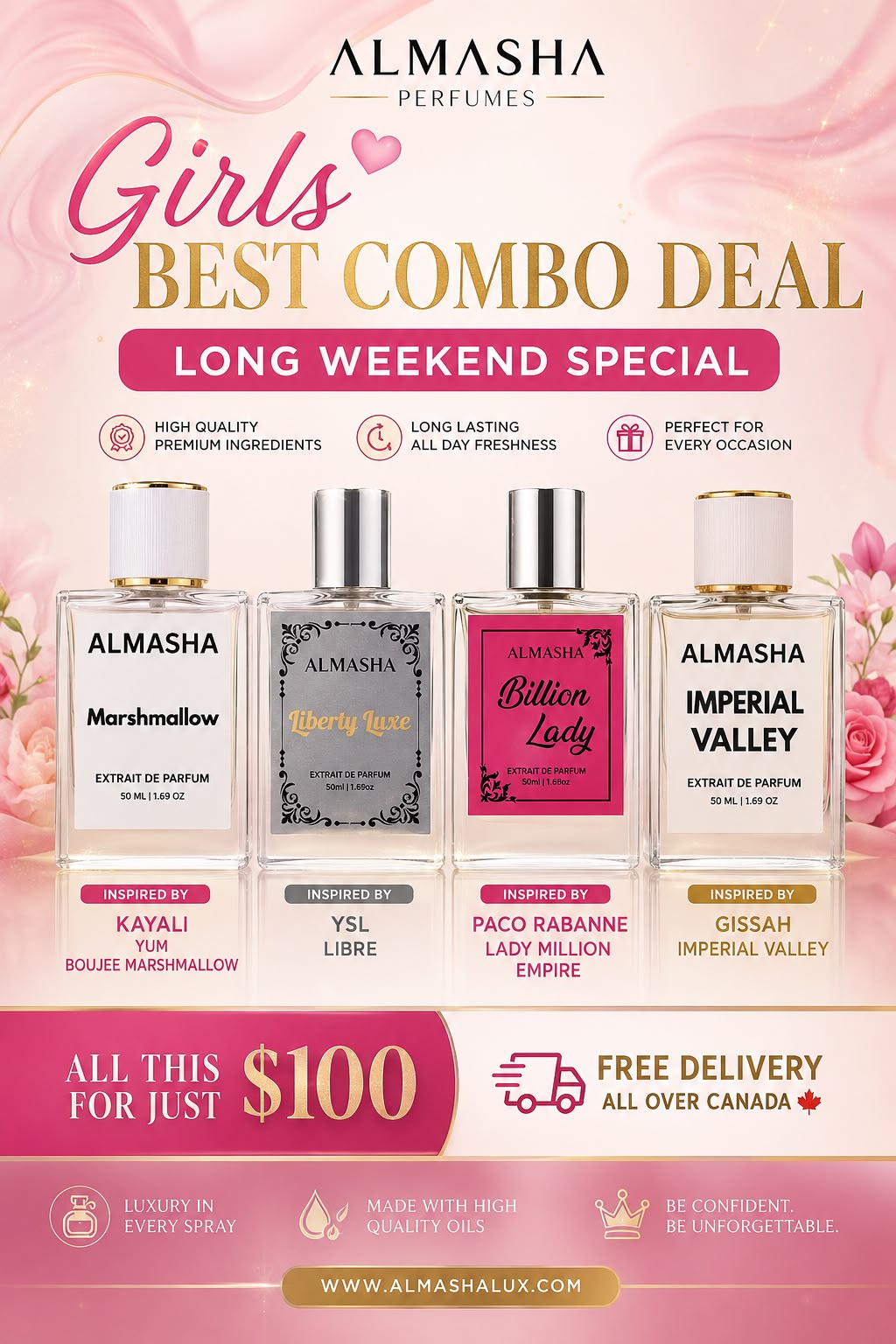 Girls Best Perfume Combo Deal – Pack of 4 Luxury Extrait de Parfum for Women | Long Weekend Special | Almasha Perfumes Canada