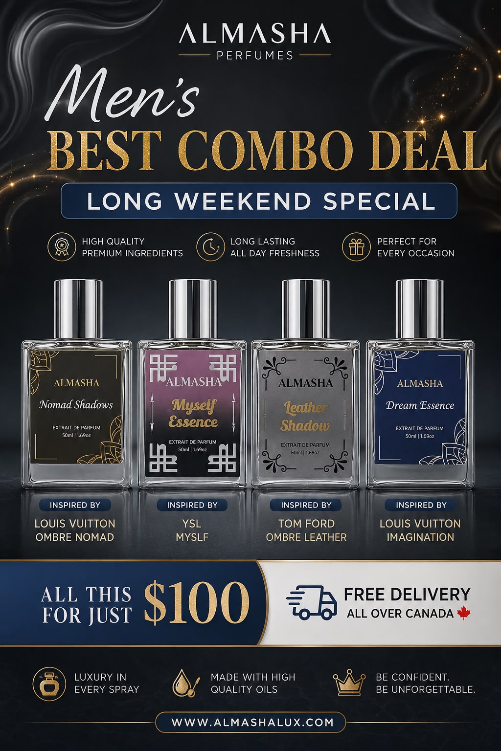 Men’s Best Perfume Combo Deal – Pack of 4 Luxury Extrait de Parfum for Men | Long Weekend Special | Almasha Perfumes Canada