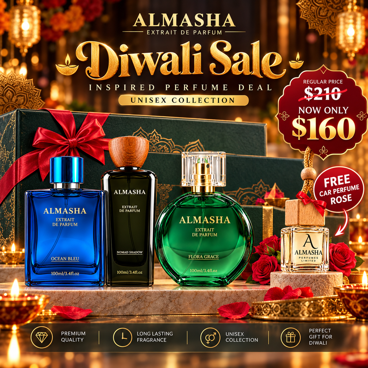 Diwali Sale Perfume Gift Set – Ocean Bleu, Nomad Shadow & Flora Grace 3 × 100ml + Free Rose Car Perfume | $160