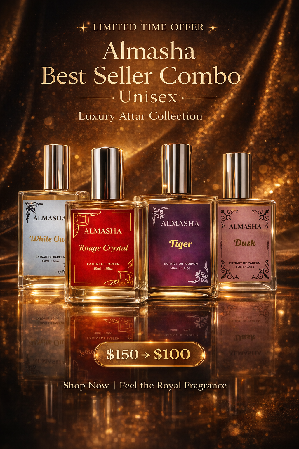 Almasha Best Seller Unisex Perfume Combo – Baccarat Rouge Inspired, White Oud & Tiger Premium Luxury Set