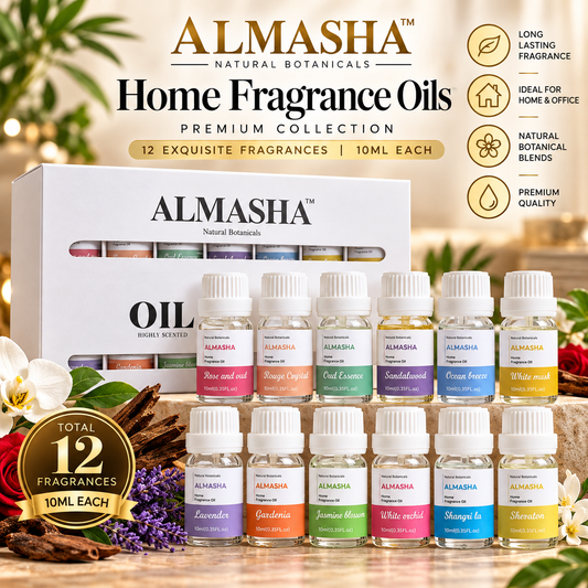 Almasha Natural Botanicals Premium Fragrance Oil Set (Pack of 12) – Luxury Home Aroma Collection | Long Lasting Attar Oils for Diffuser, Car & Living Spaces