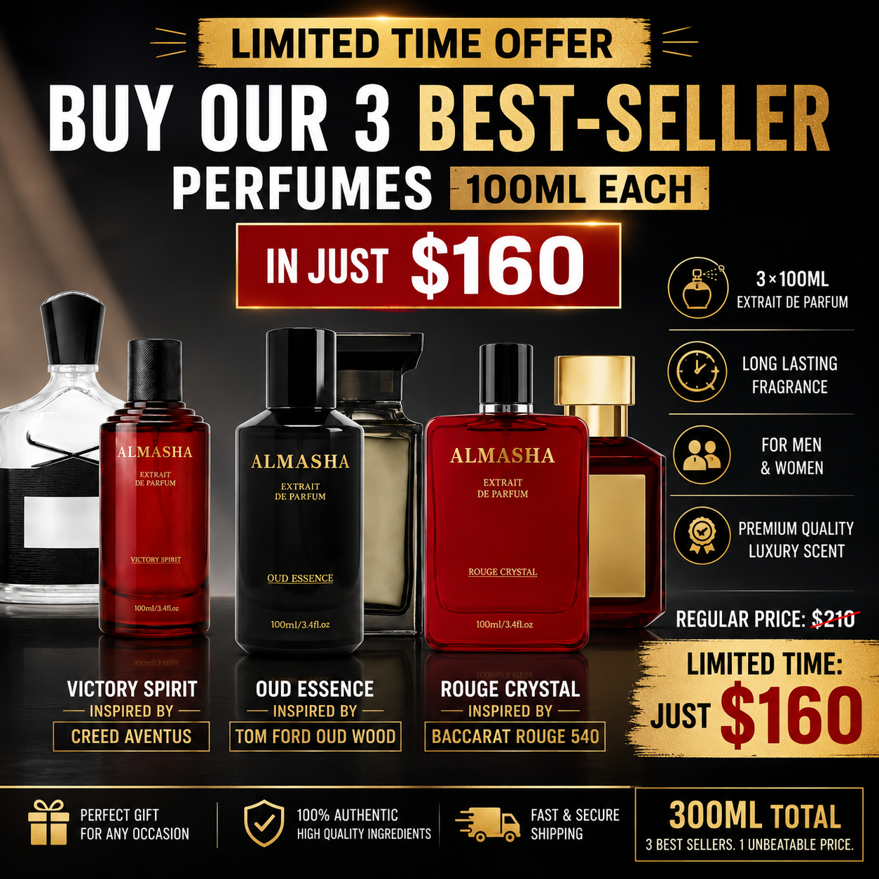 Almasha 3 Best-Seller Perfume Set 3×100ml – Victory Spirit (Inspired by Creed Aventus), Oud Essence (Inspired by Tom Ford Oud Wood), Rouge Crystal (Inspired by Baccarat Rouge 540) – Luxury Extrait de Parfum – 300ml Total