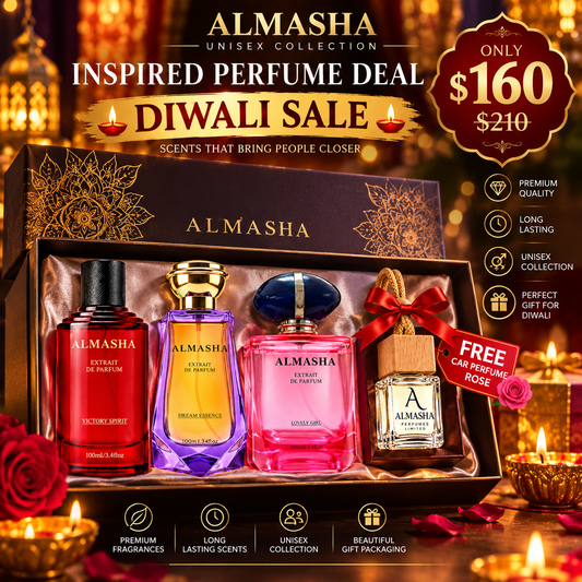 DIWALI SALE OFFER: 3 × 50ml Inspired Perfumes (Victory Spirit + Dream Essence + Lovely Girl) + FREE Rose Car Perfume | Only $160 CAD (Regular Price $210 — Save $50!)