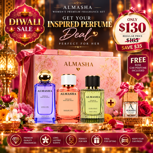 DIWALI SALE: 3 × 50ml Inspired Perfumes (Lovely Girl + Madame Chic + Flora Grace) + FREE Rose Car Perfume | Only $130 CAD (Regular Price $165 — Save $35!)