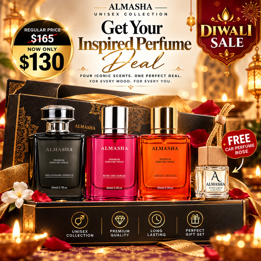 Diwali Sale: 3 × 50ml Perfumes (Millionaire Essence + Rose des Sables + Rouge Crystal) + FREE Rose Car Perfume | Only $130 CAD (Regular Price $165 — Save $35!)