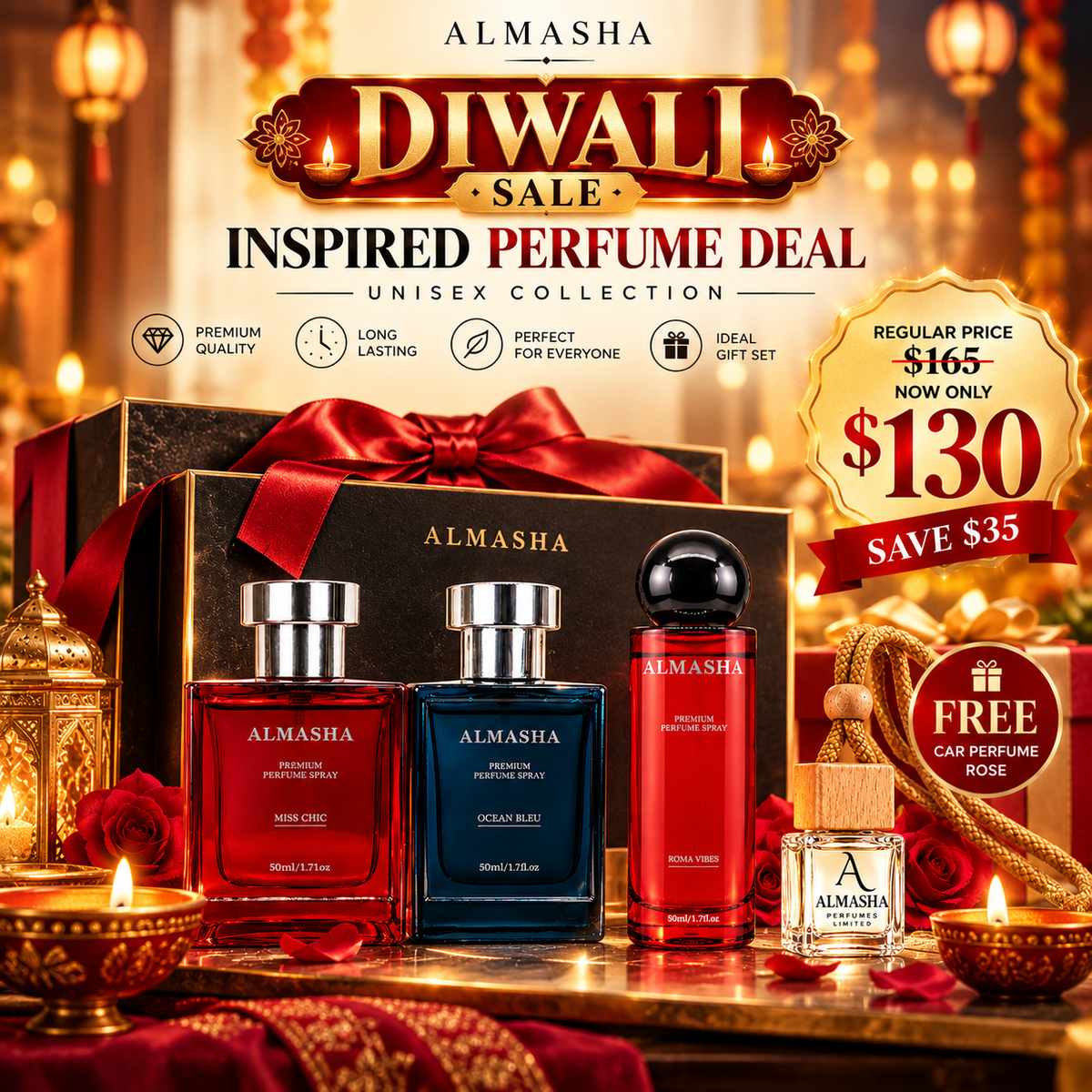 Diwali Sale: 3 × 50ml Inspired Perfumes (Miss Chic + Ocean Bleu + Roma Vibes) + FREE Rose Car Perfume | Only $130 CAD (Regular Price $165 — Save $35!)