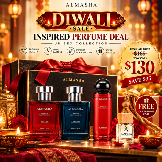 Diwali Sale: 3 × 50ml Inspired Perfumes (Miss Chic + Ocean Bleu + Roma Vibes) + FREE Rose Car Perfume | Only $130 CAD (Regular Price $165 — Save $35!)