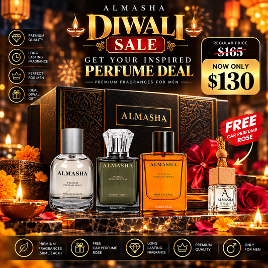 Diwali Sale: 3 × 50ml Inspired Perfumes (Nomad Shadow + Victory Spirit + Oud Essence) + 1 FREE Rose Car Perfume | Only $130 (Regular Price $165 — Save $35!)