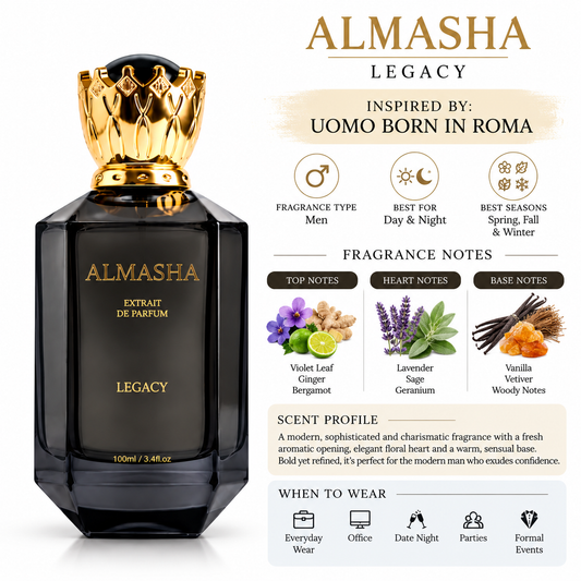 Legacy Inspired by Uomo Born in Roma for Men – Luxury Long Lasting Woody Spicy Cologne Spray 100ml