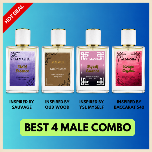 (PACK OF 4) Luxury Men’s Perfume Gift Set – 4 Premium 50ml Fragrances Inspired by Baccarat Rouge 540, Oud Wood, Sauvage & YSL MYSLF | Long-Lasting Extrait de Parfum