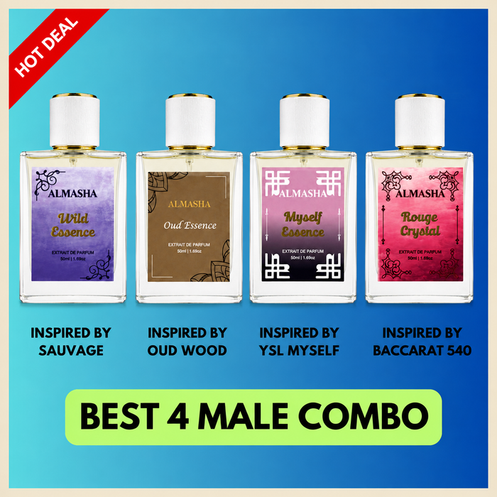 (PACK OF 4) Luxury Men’s Perfume Gift Set – 4 Premium 50ml Fragrances Inspired by Baccarat Rouge 540, Oud Wood, Sauvage & YSL MYSLF | Long-Lasting Extrait de Parfum
