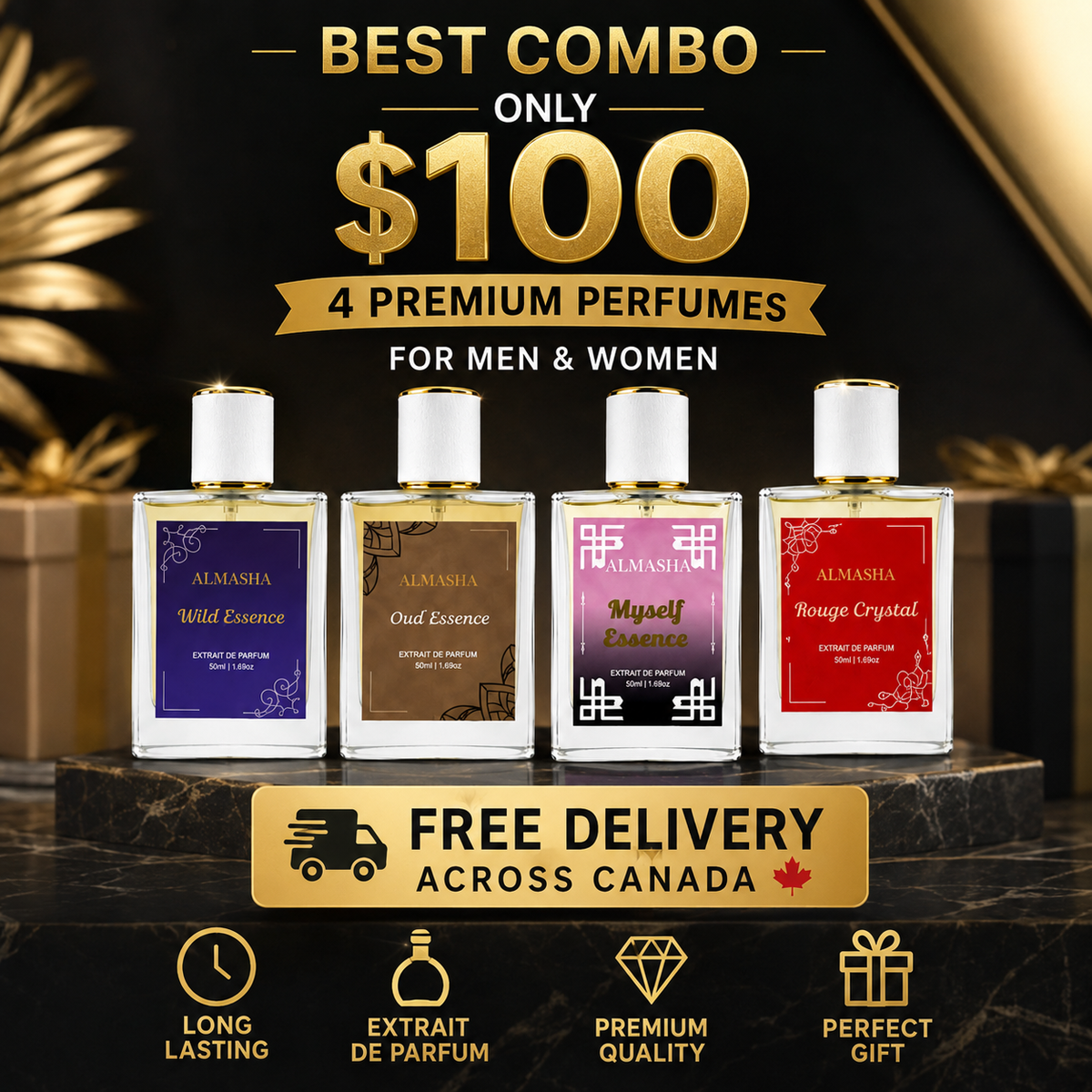 (PACK OF 4) Luxury Men’s Perfume Gift Set – 4 Premium 50ml Fragrances Inspired by Baccarat Rouge 540, Oud Wood, Sauvage & YSL MYSLF | Long-Lasting Extrait de Parfum