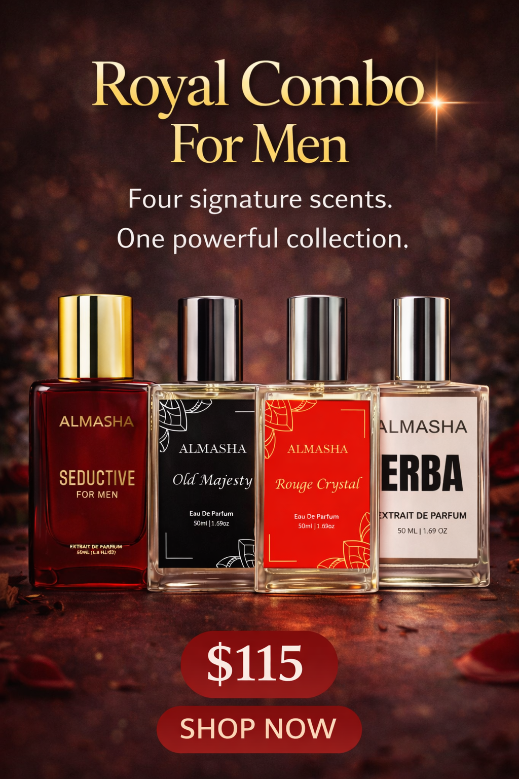 Royal Combo For Men – 4 Premium Extrait de Parfum (50ml Each) | Seductive, Old Majesty, Rouge Crystal, Erba | Almasha