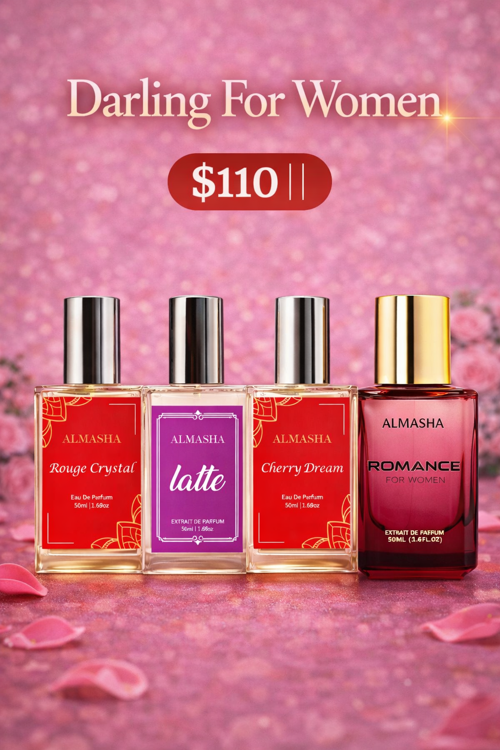 Darling For Women Perfume Combo – 4 Premium Fragrances for $110 | Rouge Crystal, Latte, Cherry Dream & Romance by Almasha