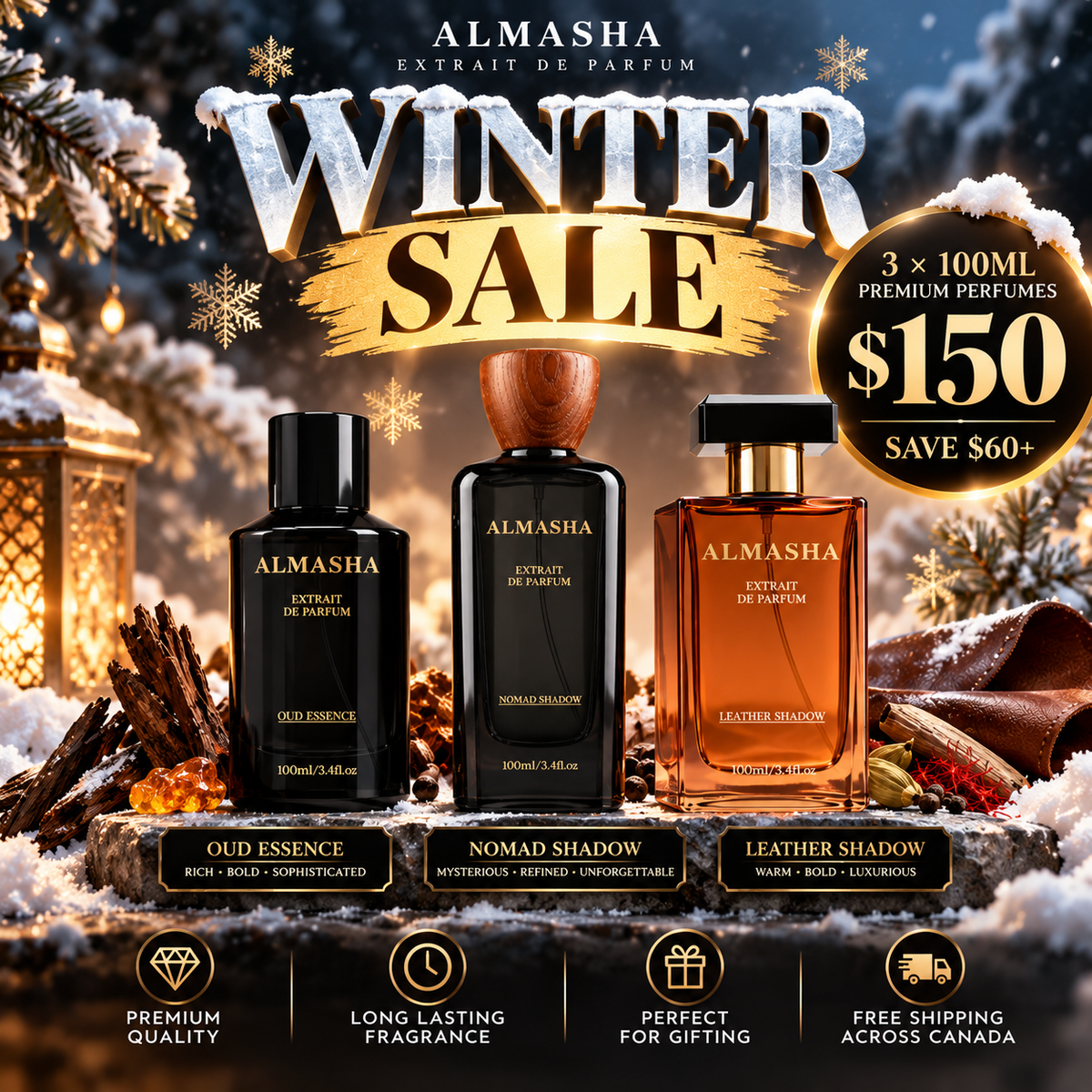 Oud Essence, Nomad Shadow & Leather Shadow — 3 × 100ML Extrait de Parfum | Winter Sale $150