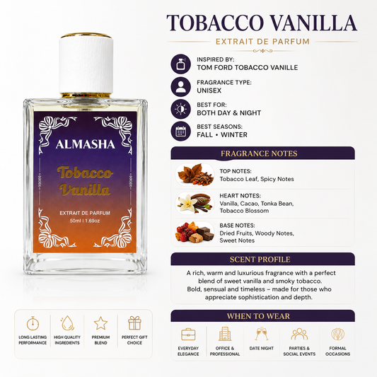 Almasha Tobacco Vanilla Inspired by Tom Ford Tobacco Vanille – Extrait de Parfum 50ML | Unisex Luxury Fragrance