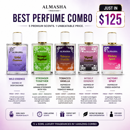 Almasha Best Men’s Perfume Combo – 5 × 50ML Extrait de Parfum | Inspired by Sauvage, Stronger With You, Tobacco Vanille, MYSLF & Aventus