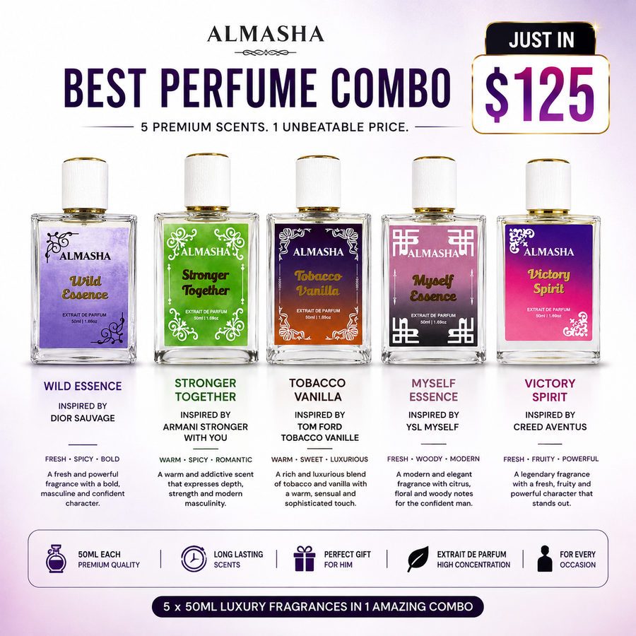 Almasha Best Men’s Perfume Combo – 5 × 50ML Extrait de Parfum | Inspired by Sauvage, Stronger With You, Tobacco Vanille, MYSLF & Aventus