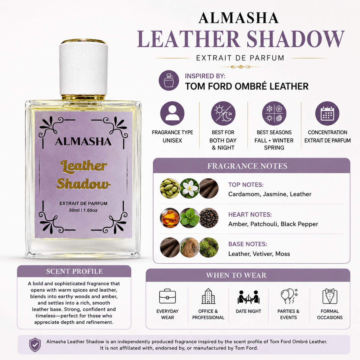 Almasha Leather Shadow Inspired by Tom Ford Ombre Leather – Extrait de Parfum 50ML | Unisex Luxury Fragrance