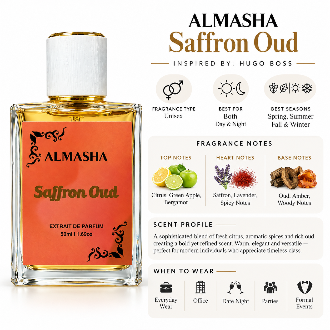 Saffron Oud Perfume | Inspired by Hugo Boss | 50ml Extrait de Parfum