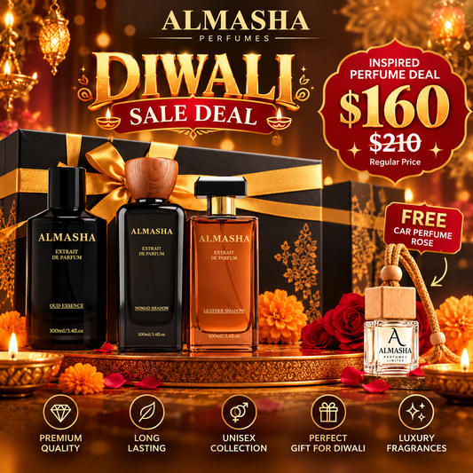 Diwali Sale Deal – 3 × 100ml Inspired Perfumes (Oud Essence, Nomad Shadow & Leather Shadow) + FREE Rose Car Perfume – $160 CAD