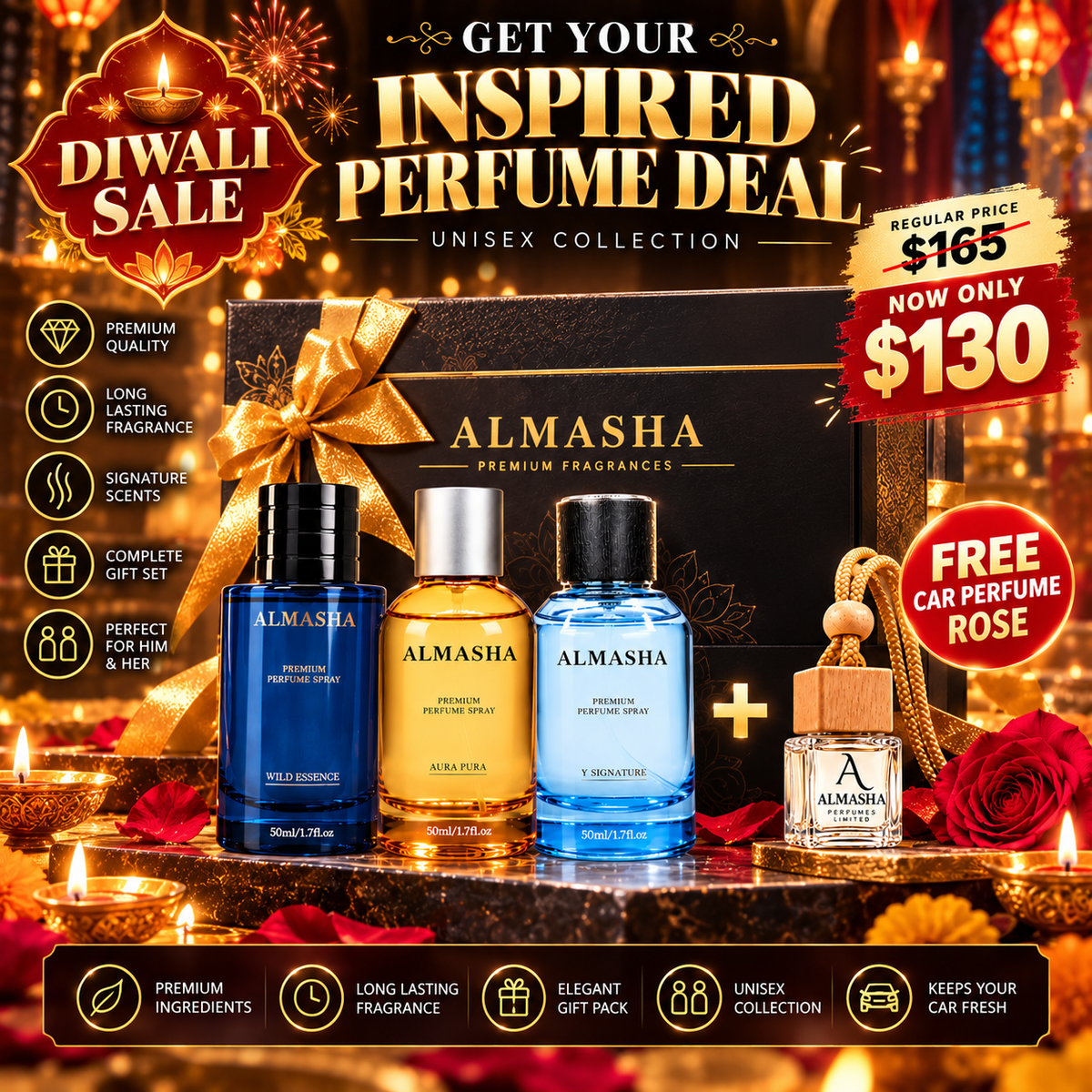 Diwali Sale: 3 × 50ml Inspired Perfumes (Wild Essence + Aura Pura + Y Signature) + FREE Rose Car Perfume | Only $130 CAD (Regular Price $165 — Save $35!)