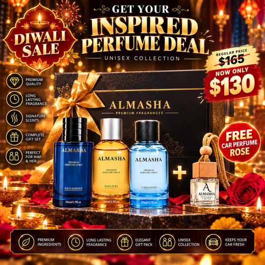 Diwali Sale: 3 × 50ml Inspired Perfumes (Wild Essence + Aura Pura + Y Signature) + FREE Rose Car Perfume | Only $130 CAD (Regular Price $165 — Save $35!)