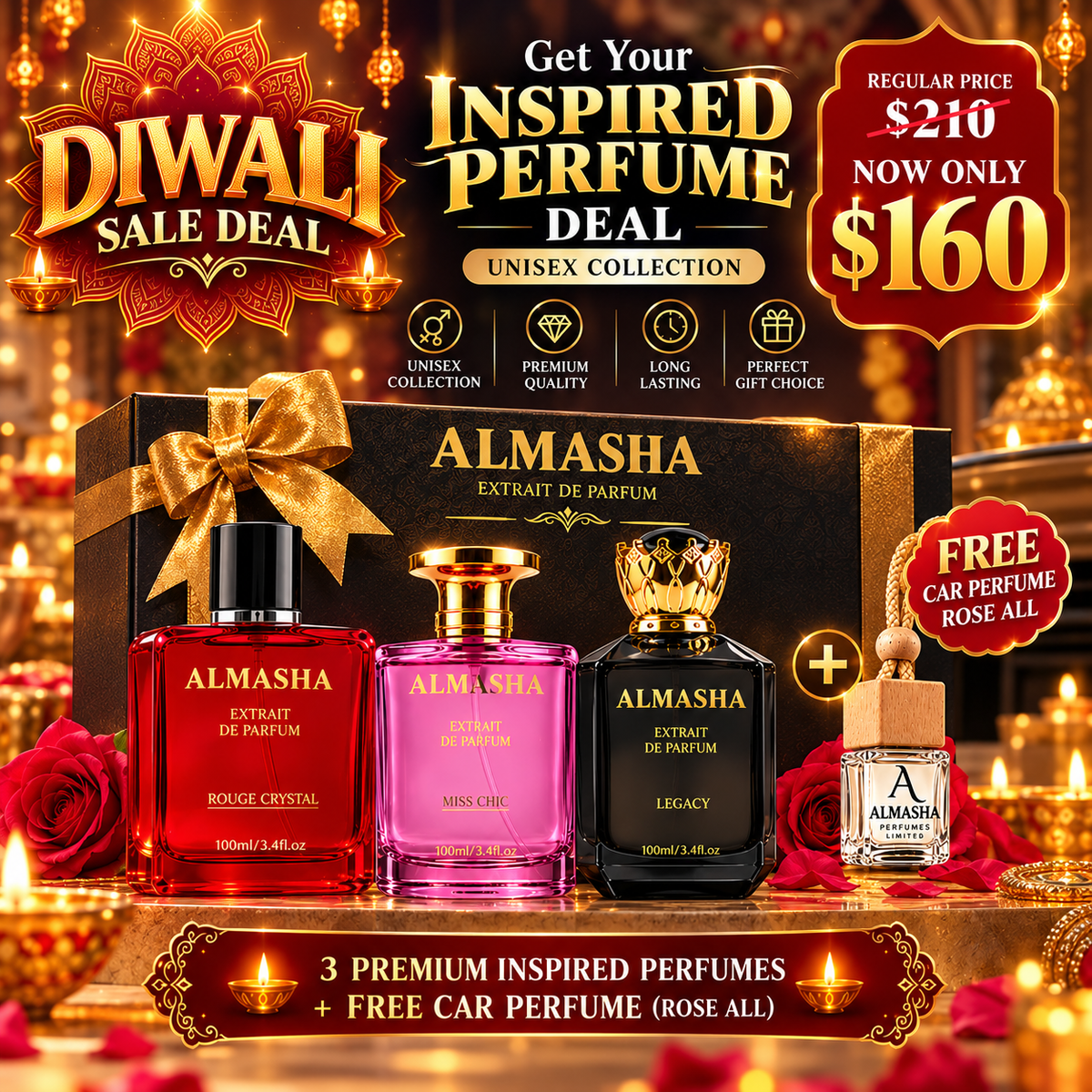 Diwali Sale Perfume Deal – 3 × 100ml Rouge Crystal, Miss Chic & Legacy + FREE Rose Car Perfume | $160 CAD