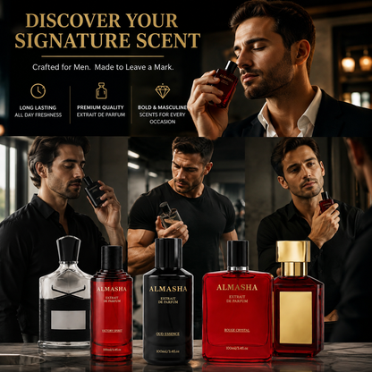 Almasha 3 Best-Seller Perfume Set 3×100ml – Victory Spirit (Inspired by Creed Aventus), Oud Essence (Inspired by Tom Ford Oud Wood), Rouge Crystal (Inspired by Baccarat Rouge 540) – Luxury Extrait de Parfum – 300ml Total