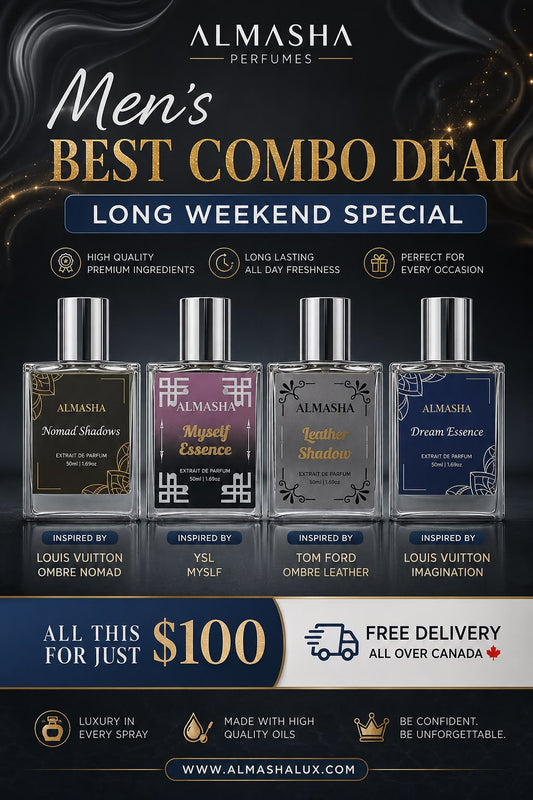 Men’s Best Perfume Combo Deal – Pack of 4 Luxury Extrait de Parfum for Men | Long Weekend Special | Almasha Perfumes Canada