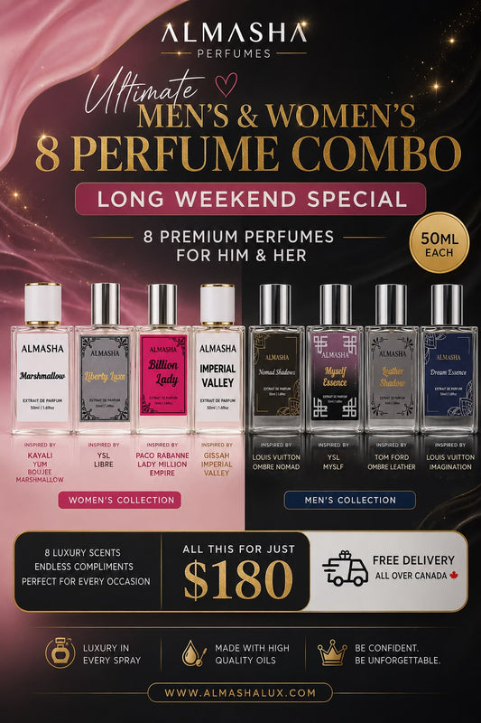 Ultimate Men’s & Women’s 8 Perfume Combo – 8 Luxury Extrait de Parfum Collection | Long Weekend Special | Almasha Perfumes Canada