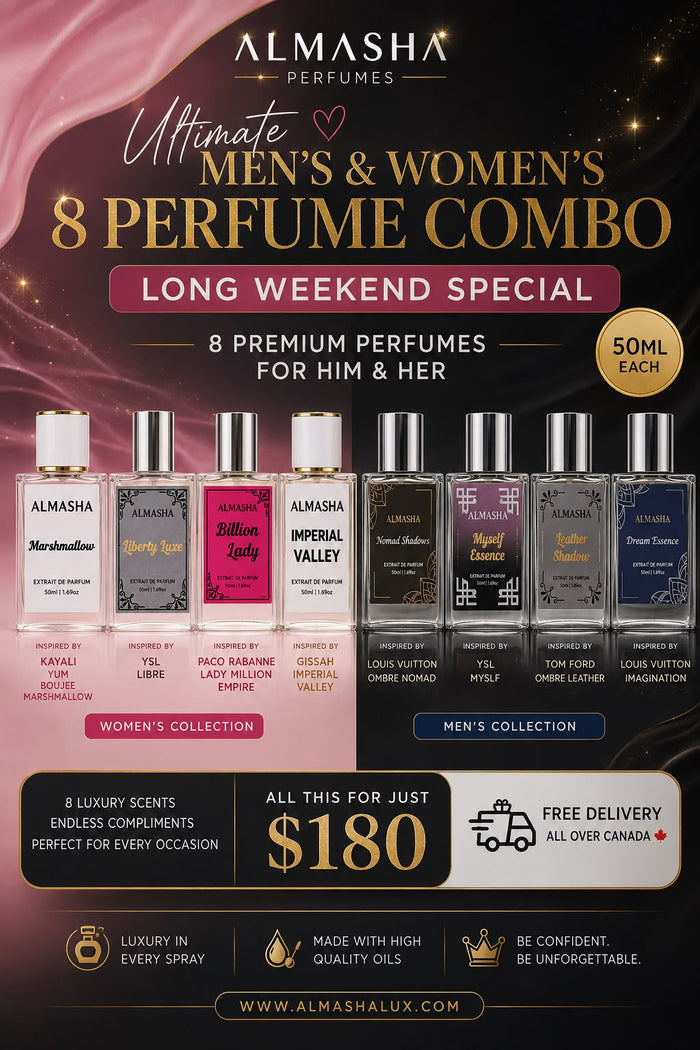 Ultimate Men’s & Women’s 8 Perfume Combo – 8 Luxury Extrait de Parfum Collection | Long Weekend Special | Almasha Perfumes Canada