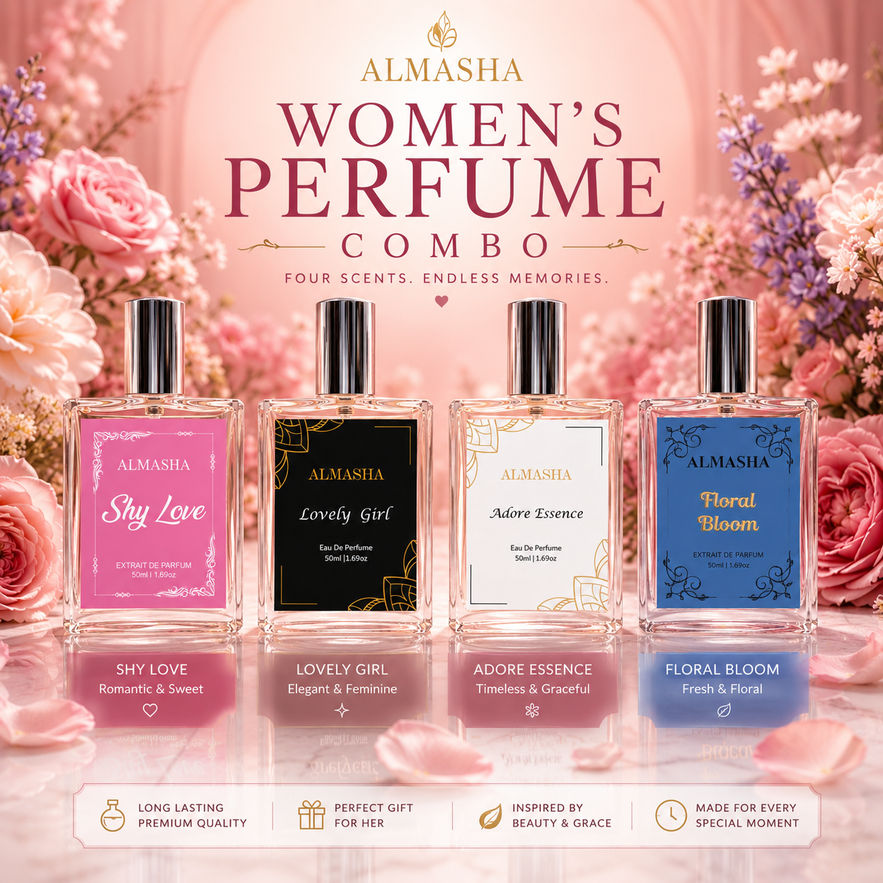 ALMASHA Women’s Perfume Combo Set | 4 x 50ml Luxury Eau De Parfum Gift Set for Women | Shy Love, Lovely Girl, Adore Essence & Floral Bloom