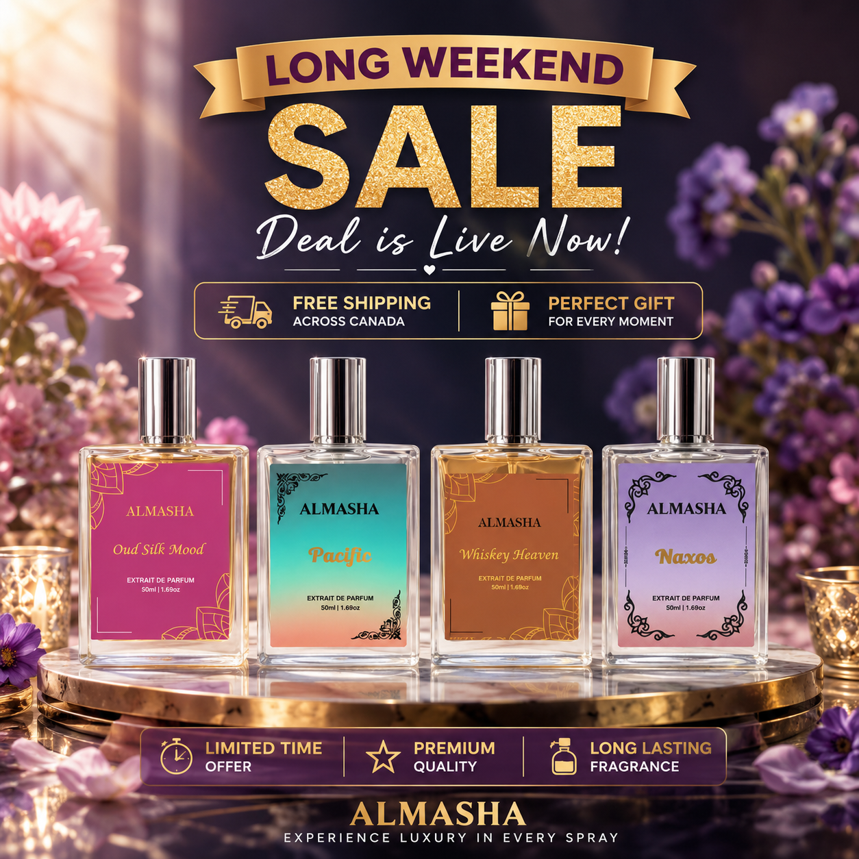 Long Weekend Perfume Gift Set | Pack of 4 Luxury Extrait de Parfum 50ml | Free Shipping Across Canada | ALMASHA