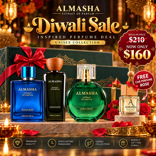 Diwali Sale Perfume Gift Set – Ocean Bleu, Nomad Shadow & Flora Grace 3 × 100ml + Free Rose Car Perfume | $160