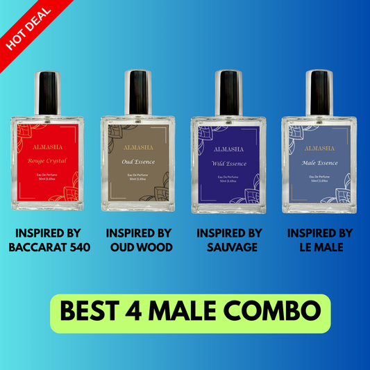(PACK OF 4) Men’s Perfume Set – Inspired by Baccarat Rouge, Oud Wood, Sauvage & Le Male