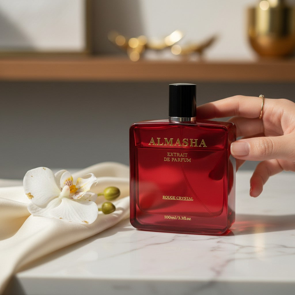 Almasha Rouge Crystal Extrait de Parfum, a unisex luxury fragrance in a 100ml red designer bottle.