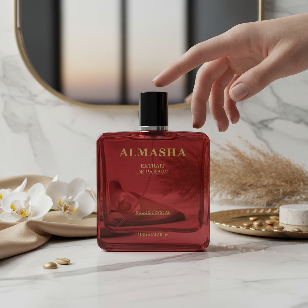 Almasha Rouge Crystal perfume in a striking red glass bottle with gold lettering. Unisex 100ml extrait de parfum.