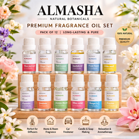 Almasha Natural Botanicals Premium Fragrance Oil Set (Pack of 12) – Luxury Home Aroma Collection | Long Lasting Attar Oils for Diffuser, Car & Living Spaces