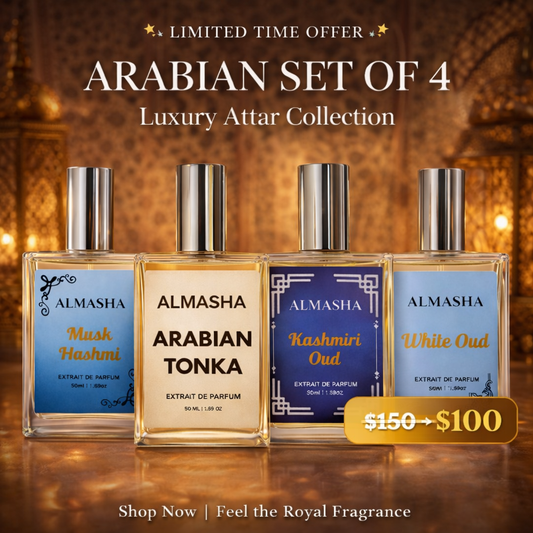 Arabian Oud Luxury Perfume Combo Set (White Oud, Tonka, Kashmiri Oud & Mushk Hashmi) – Premium Attar Collection for Men & Women | Almasha
